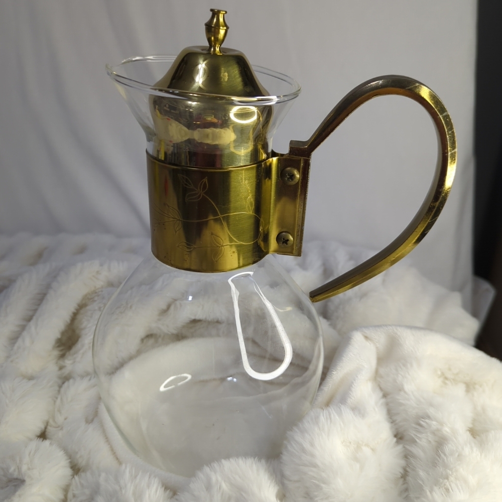 Vintage Brass & Glass Water Wine Pitcher Carafe With Ornate Handle Etched Floral